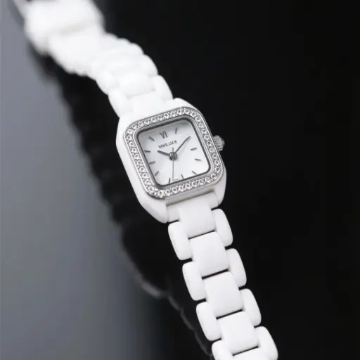 氣質時尚白色陶瓷小表盤滿鑽小方女錶